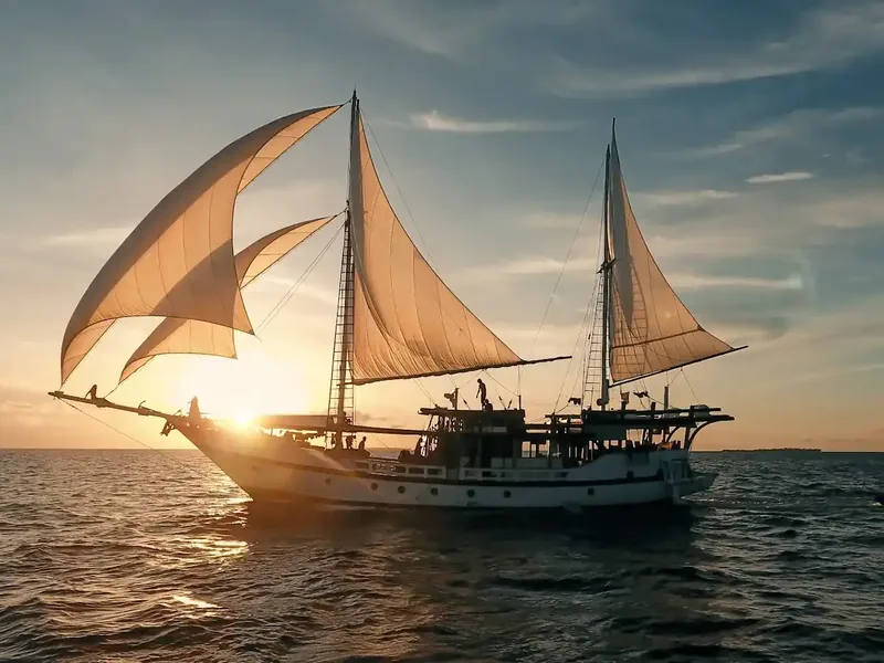A liveaboard at anchor at sunset