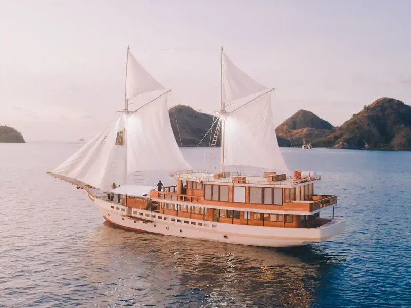 A traditional phinisi at anchor in Komodo